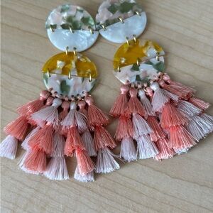 Tortoise Shell Acetate Pink Tassel Statement Earrings/ Gold Tone- New w/o tags